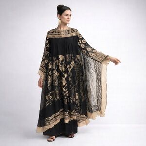 Rich Radi Q’s Black & Gold Batwing Cape Dress | Silk Blend | NWT
